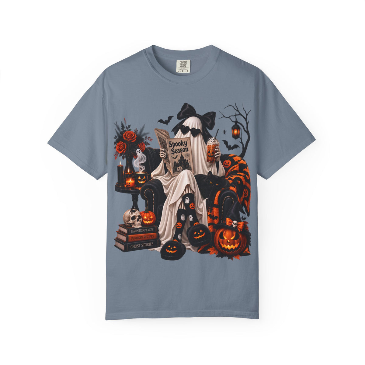 Halloween Ghost Reading T-Shirt — Spooky Pumpkin & 'Spooky Season' Graphic