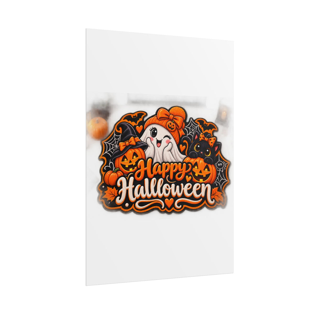Happy Halloween Rolled Poster — Cute Ghost, Pumpkins & Black Cat Halloween Wall Art