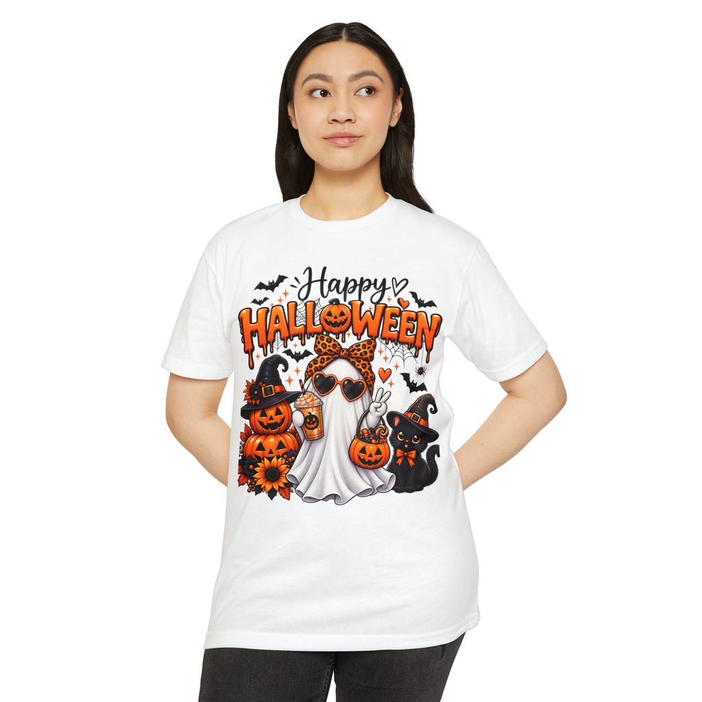 Halloween Ghost Tee - "Happy Halloween" Cute Pumpkin & Black Cat Graphic T-Shirt