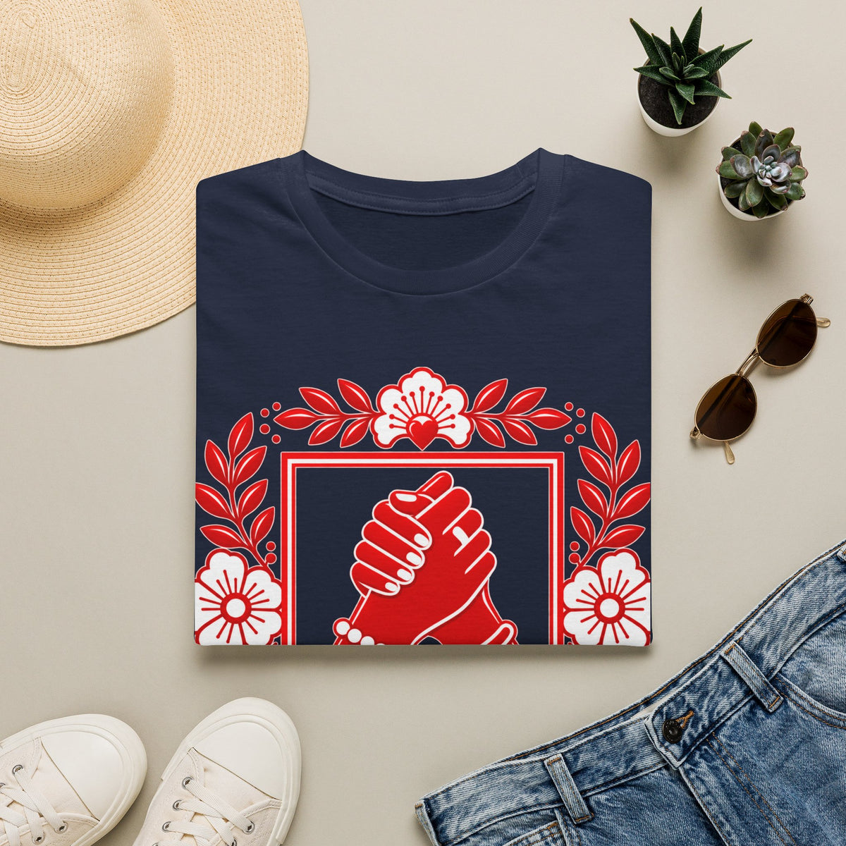 We Rise Together T-Shirt — Red Floral Unity Design