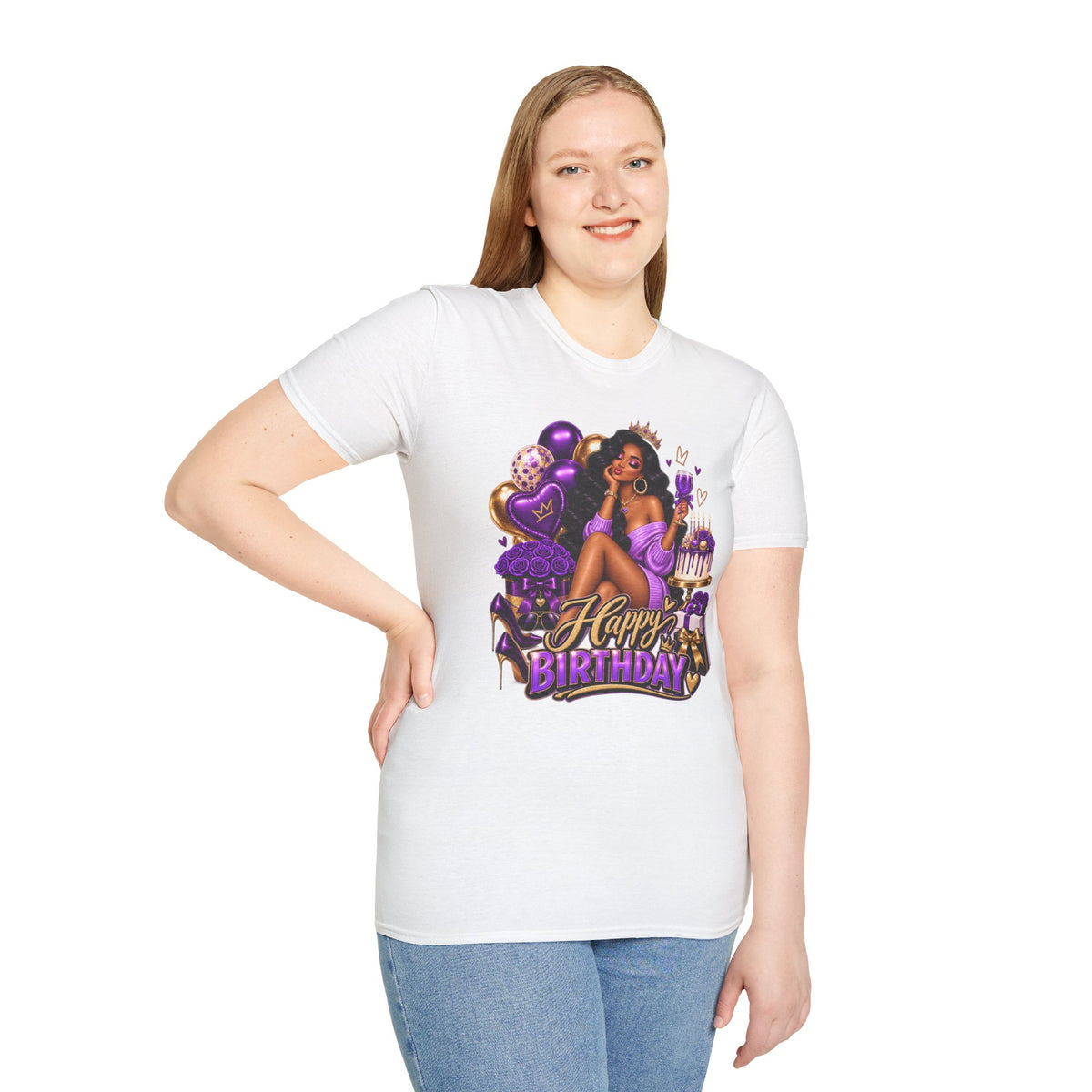 Birthday Queen T-Shirt — Black Woman with Crown, Purple Balloons & Cake