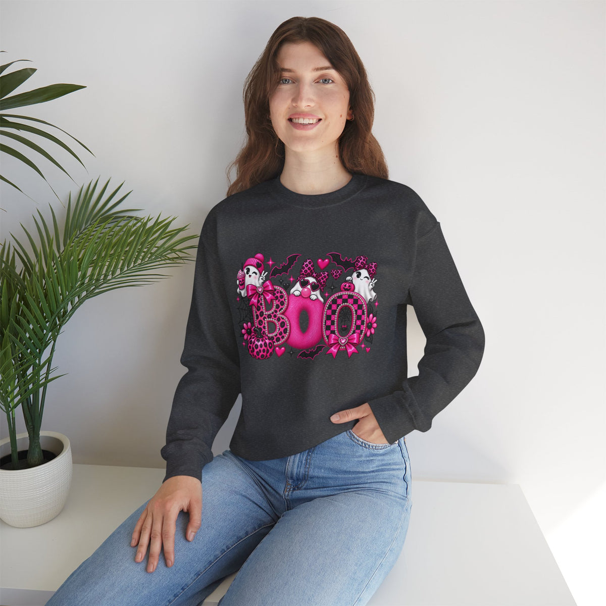 Halloween 'Boo' Graphic Sweatshirt — Cute Pink Ghosts & Bats Cozy Pullover