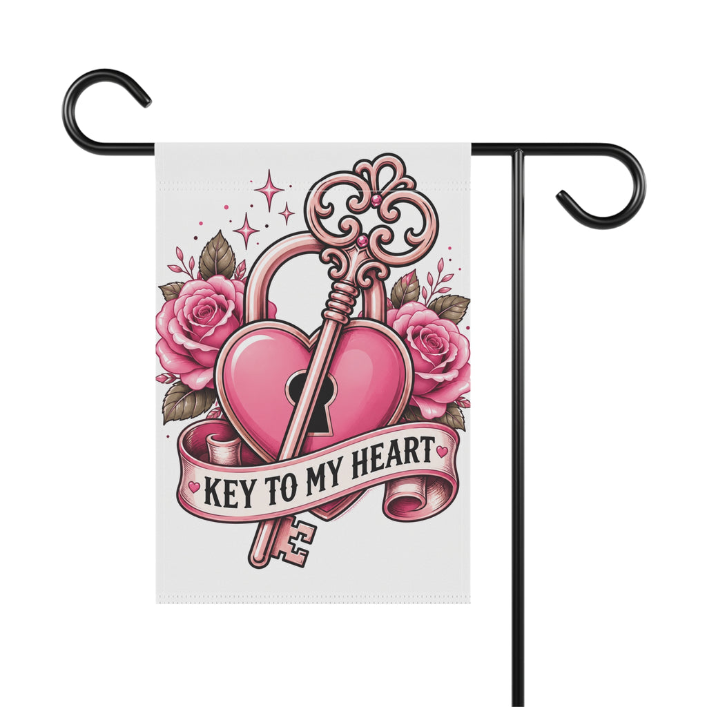 Garden Flag - "Key to My Heart" Romantic Heart & Key Floral Banner (Valentine’s Day, Anniversary)