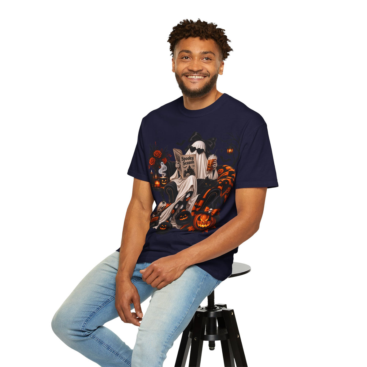 Halloween Ghost Reading T-Shirt — Spooky Pumpkin & 'Spooky Season' Graphic