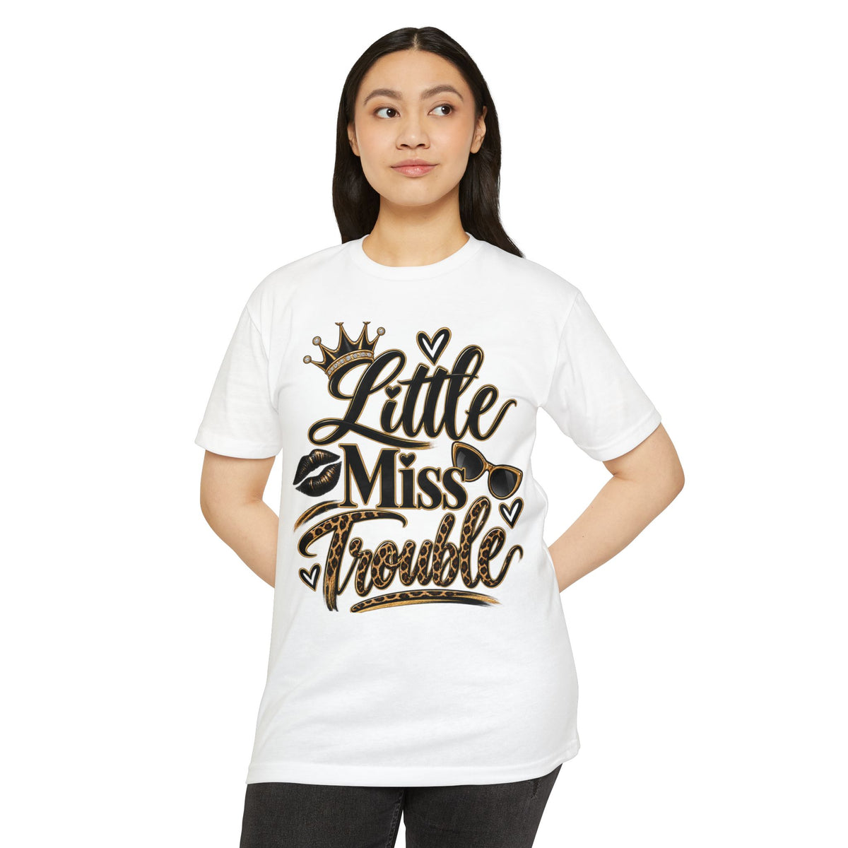 Little Miss Trouble Graphic T-Shirt — Leopard Crown Lip Print