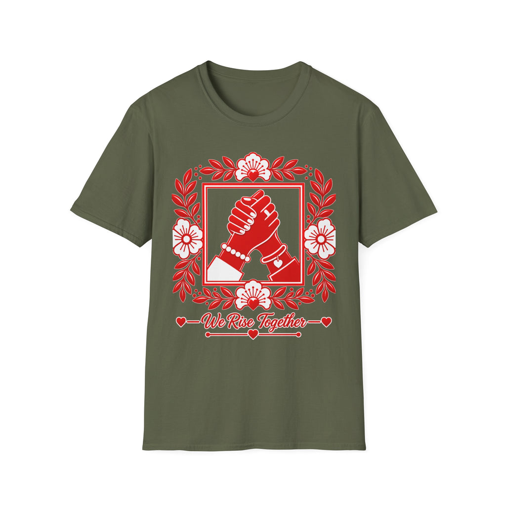 We Rise Together T-Shirt — Red Floral Unity Design