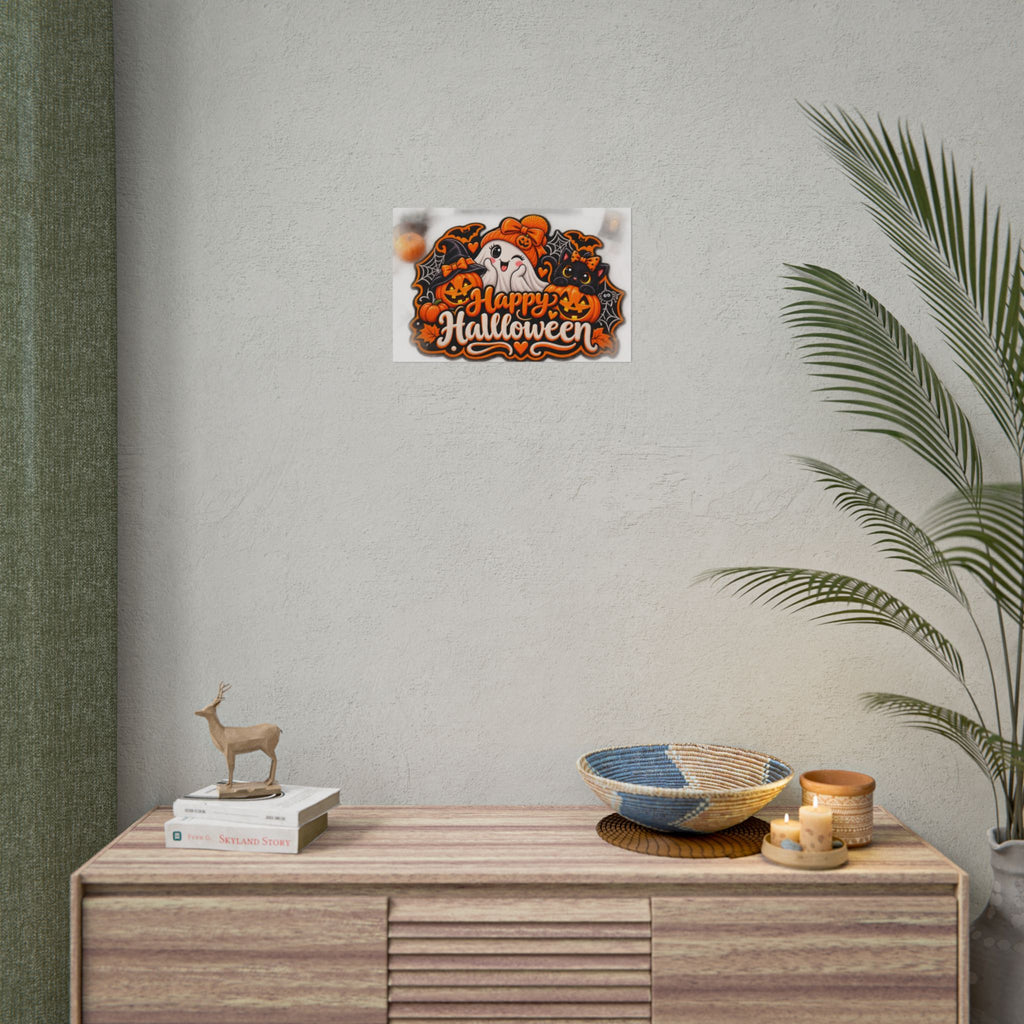 Happy Halloween Rolled Poster — Cute Ghost, Pumpkins & Black Cat Halloween Wall Art