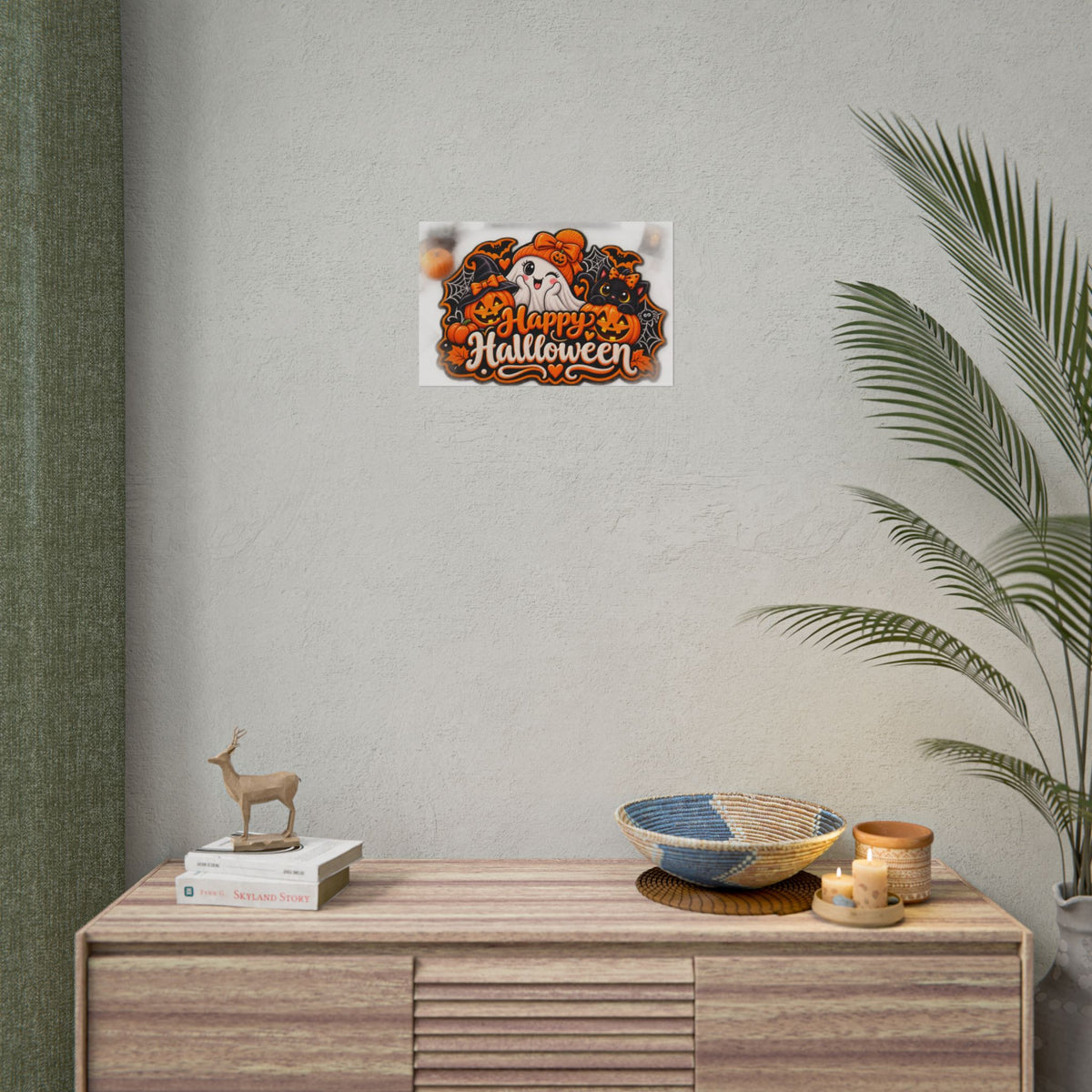 Happy Halloween Rolled Poster — Cute Ghost, Pumpkins & Black Cat Halloween Wall Art
