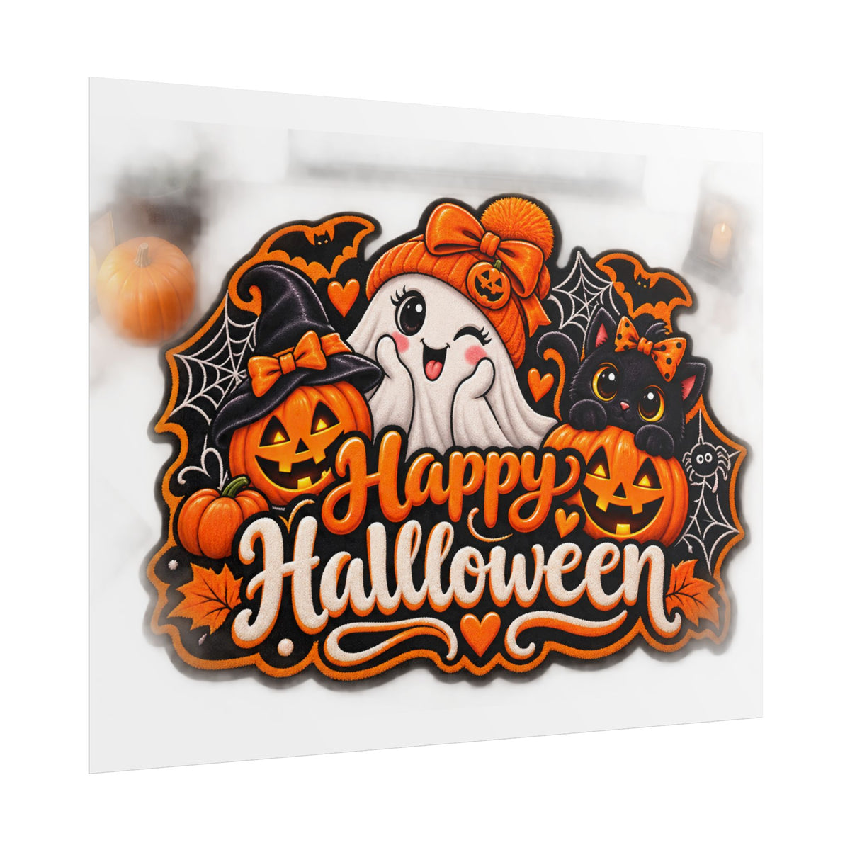 Happy Halloween Rolled Poster — Cute Ghost, Pumpkins & Black Cat Halloween Wall Art