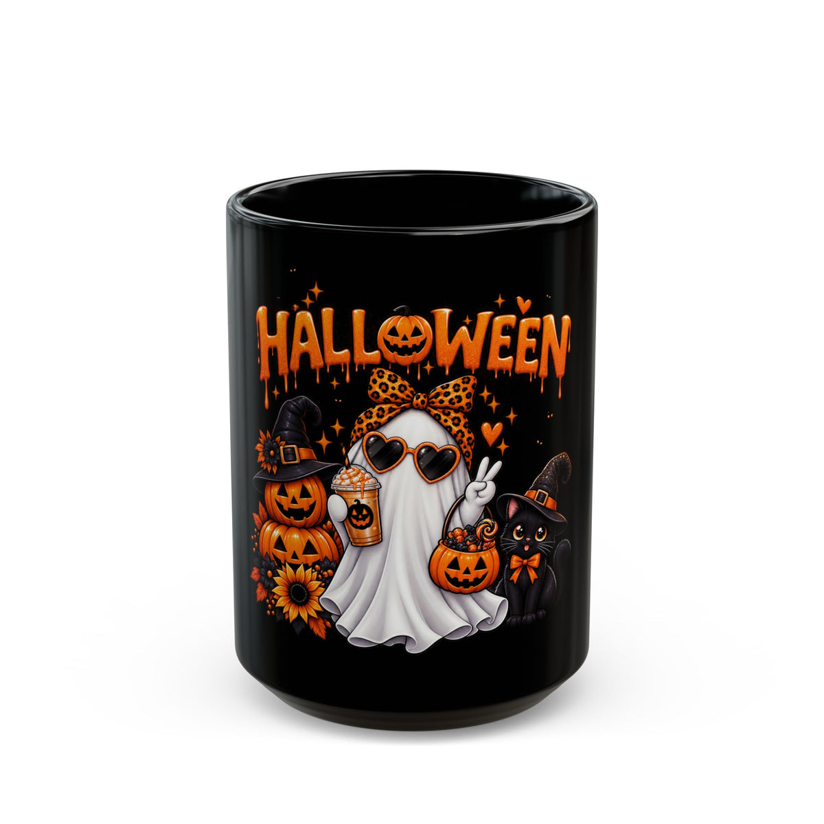 Halloween Ghost & Pumpkins Black Mug – Cute Spooky Coffee Cup (11oz/15oz)