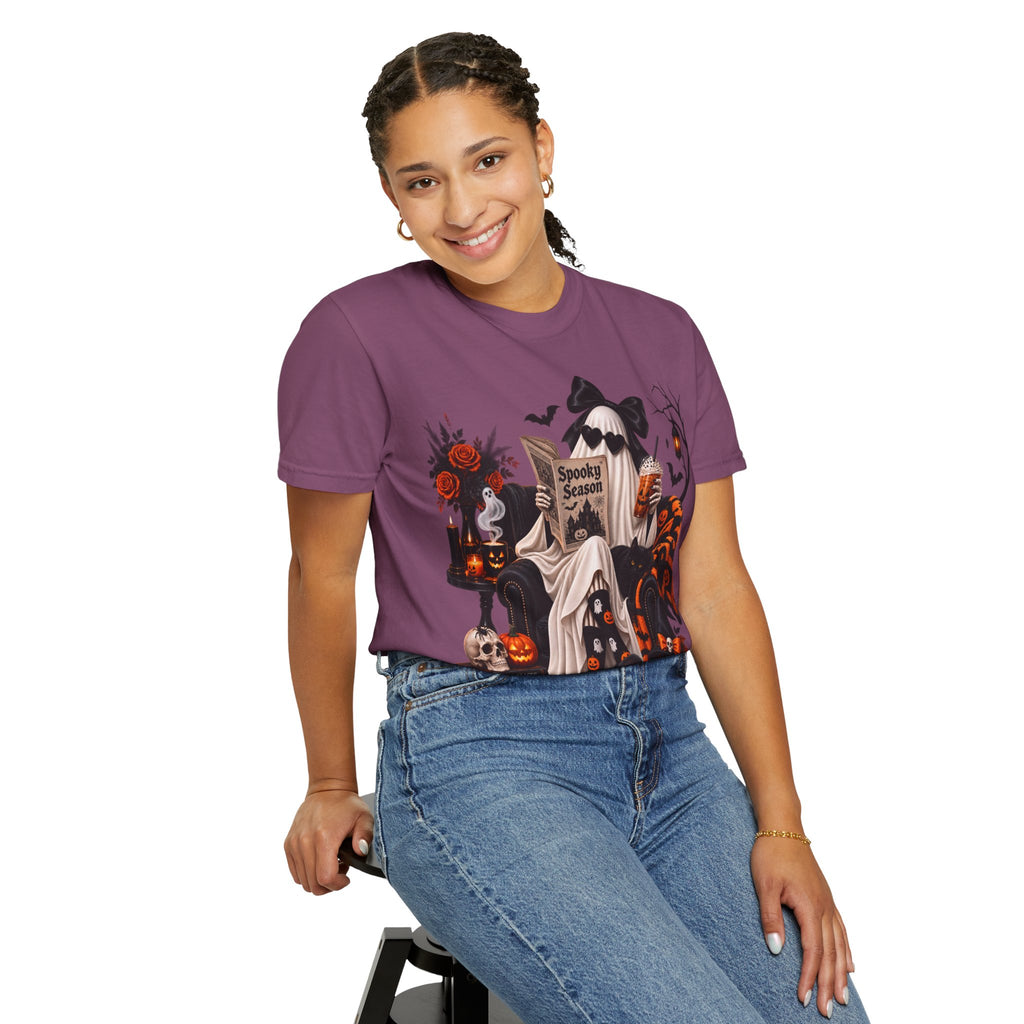 Halloween Ghost Reading T-Shirt — Spooky Pumpkin & 'Spooky Season' Graphic