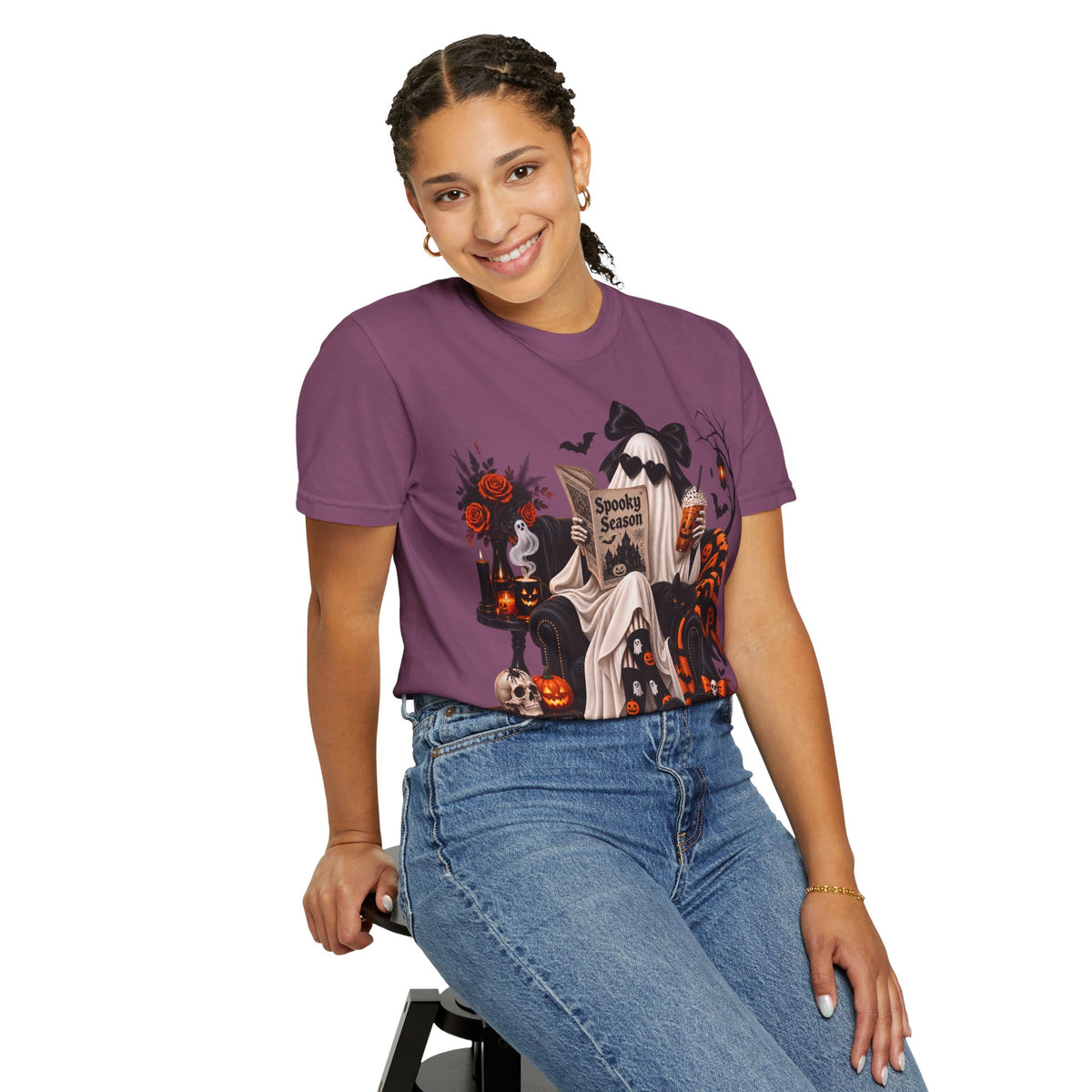 Halloween Ghost Reading T-Shirt — Spooky Pumpkin & 'Spooky Season' Graphic