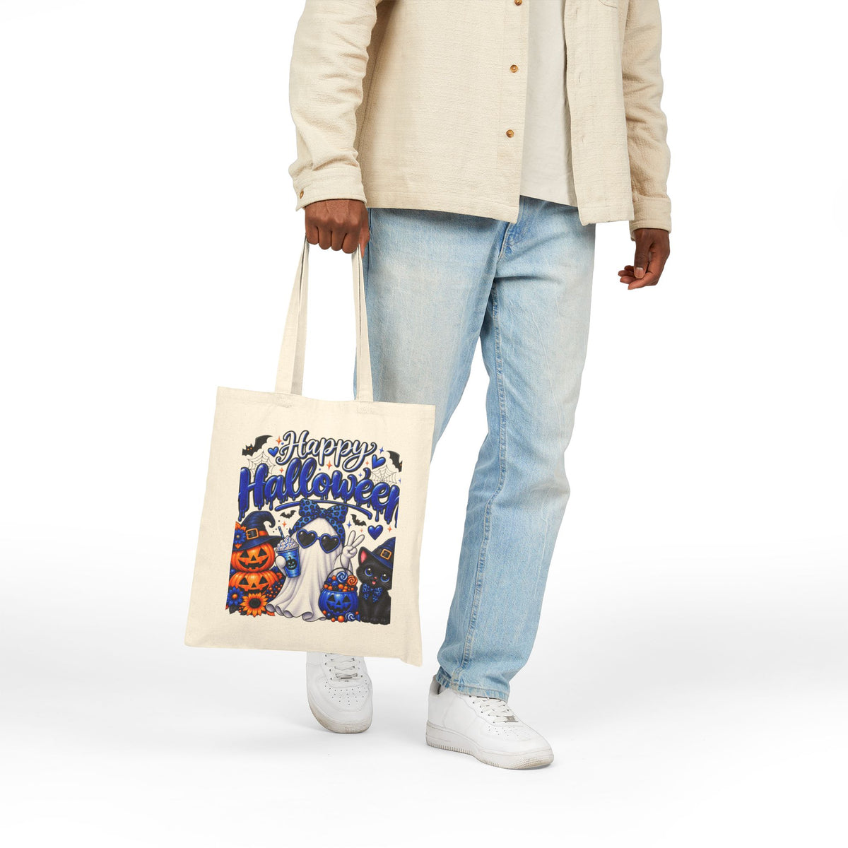 Halloween Ghost & Cats Cotton Tote Bag — "Happy Halloween" Trick-or-Treat Canvas Shopper