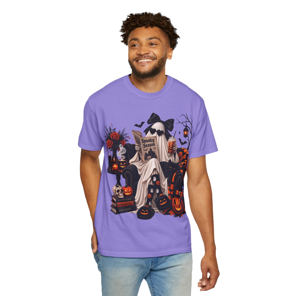 Halloween Ghost Reading T-Shirt — Spooky Pumpkin & 'Spooky Season' Graphic