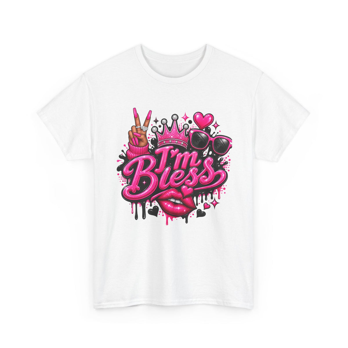 I’m Bless Graphic Tee — Pink Crown, Peace Sign & Lip Streetwear Shirt