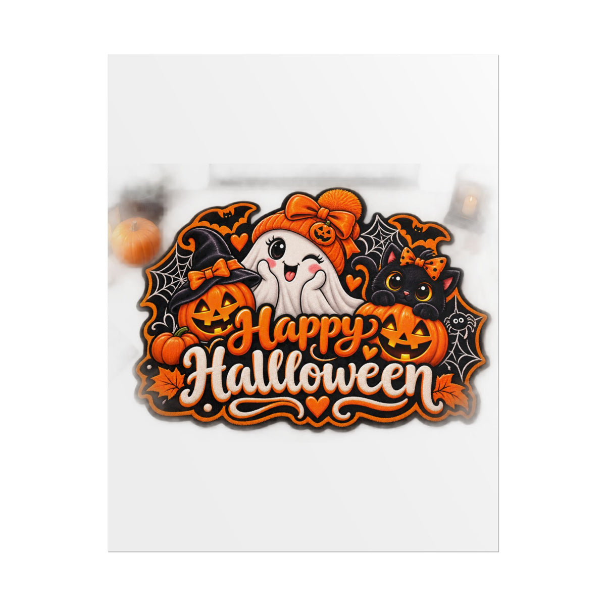Happy Halloween Rolled Poster — Cute Ghost, Pumpkins & Black Cat Halloween Wall Art