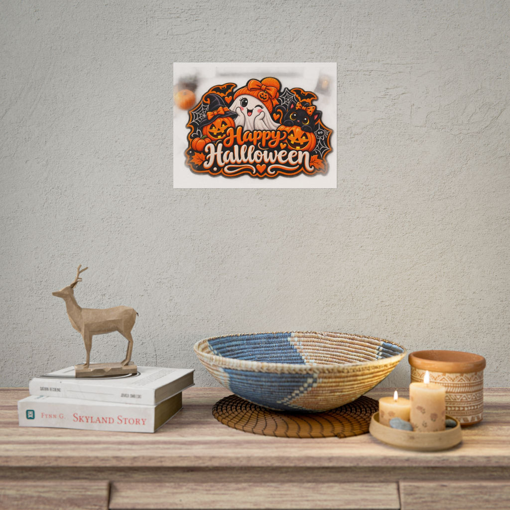 Happy Halloween Rolled Poster — Cute Ghost, Pumpkins & Black Cat Halloween Wall Art