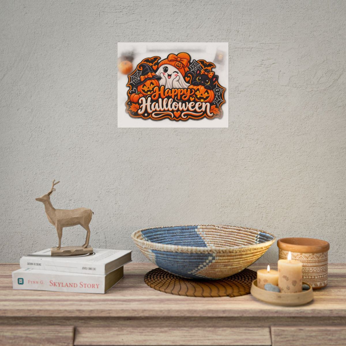 Happy Halloween Rolled Poster — Cute Ghost, Pumpkins & Black Cat Halloween Wall Art