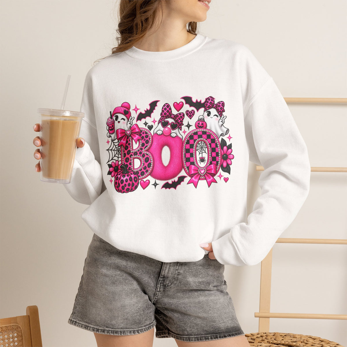 Halloween 'Boo' Graphic Sweatshirt — Cute Pink Ghosts & Bats Cozy Pullover