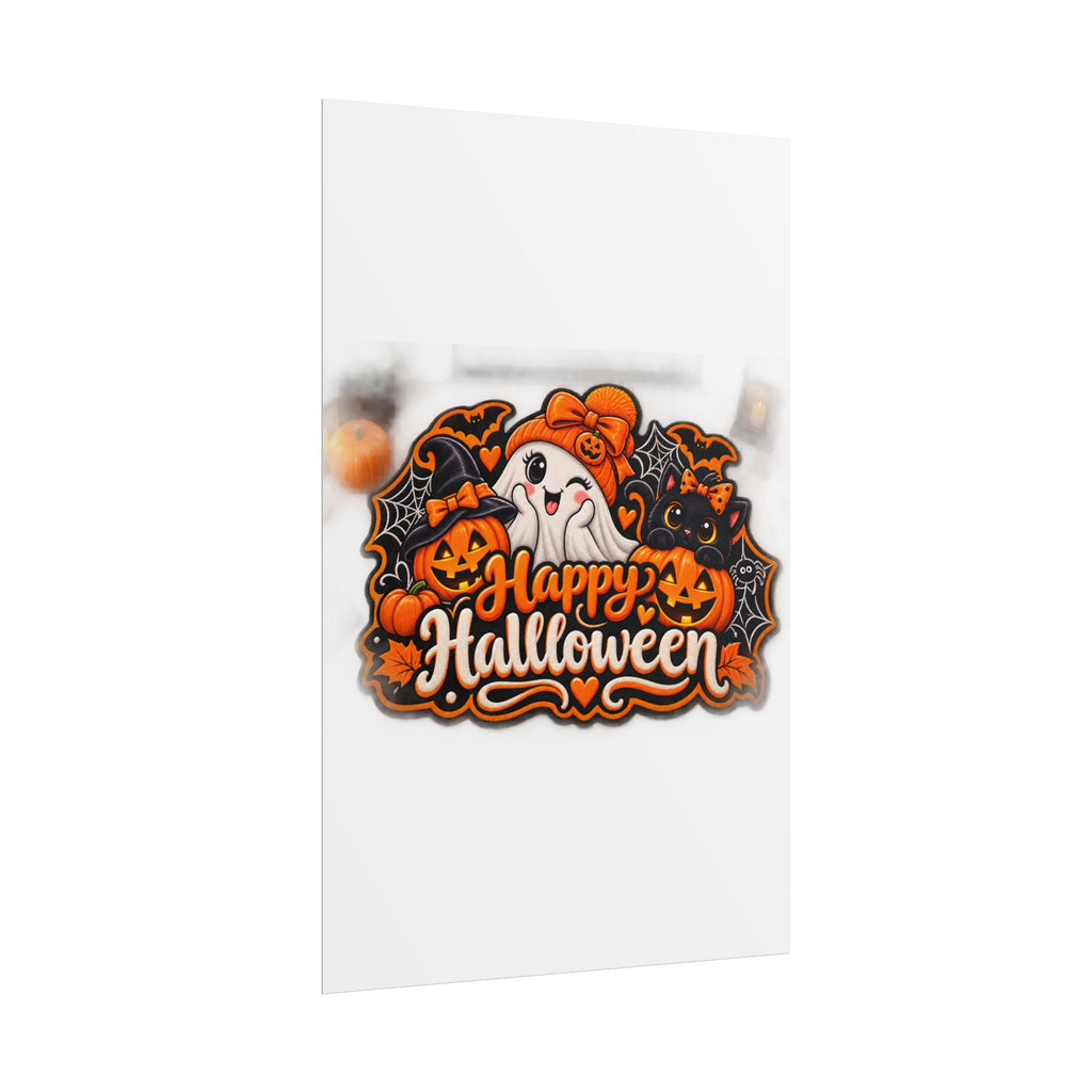 Happy Halloween Rolled Poster — Cute Ghost, Pumpkins & Black Cat Halloween Wall Art