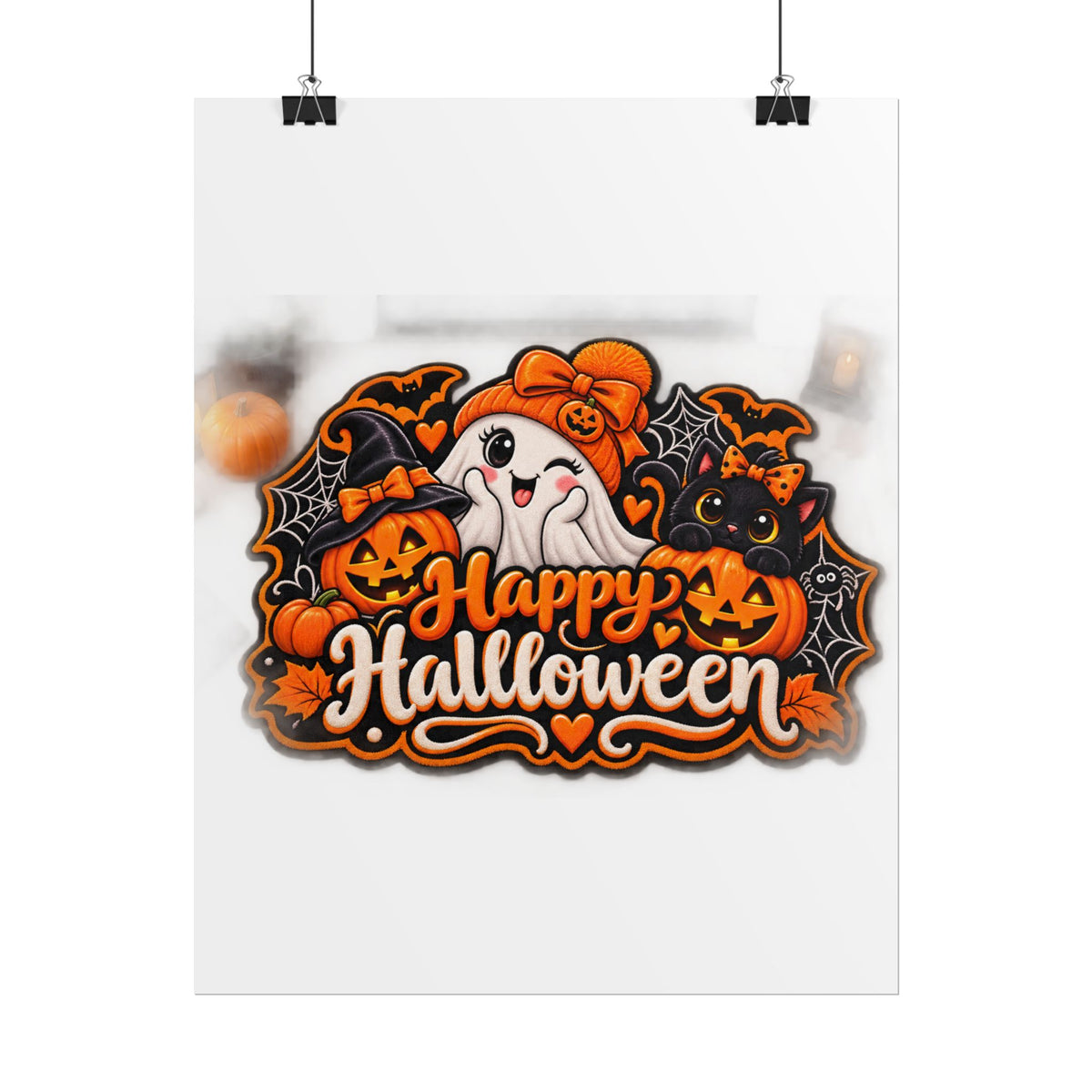 Happy Halloween Rolled Poster — Cute Ghost, Pumpkins & Black Cat Halloween Wall Art