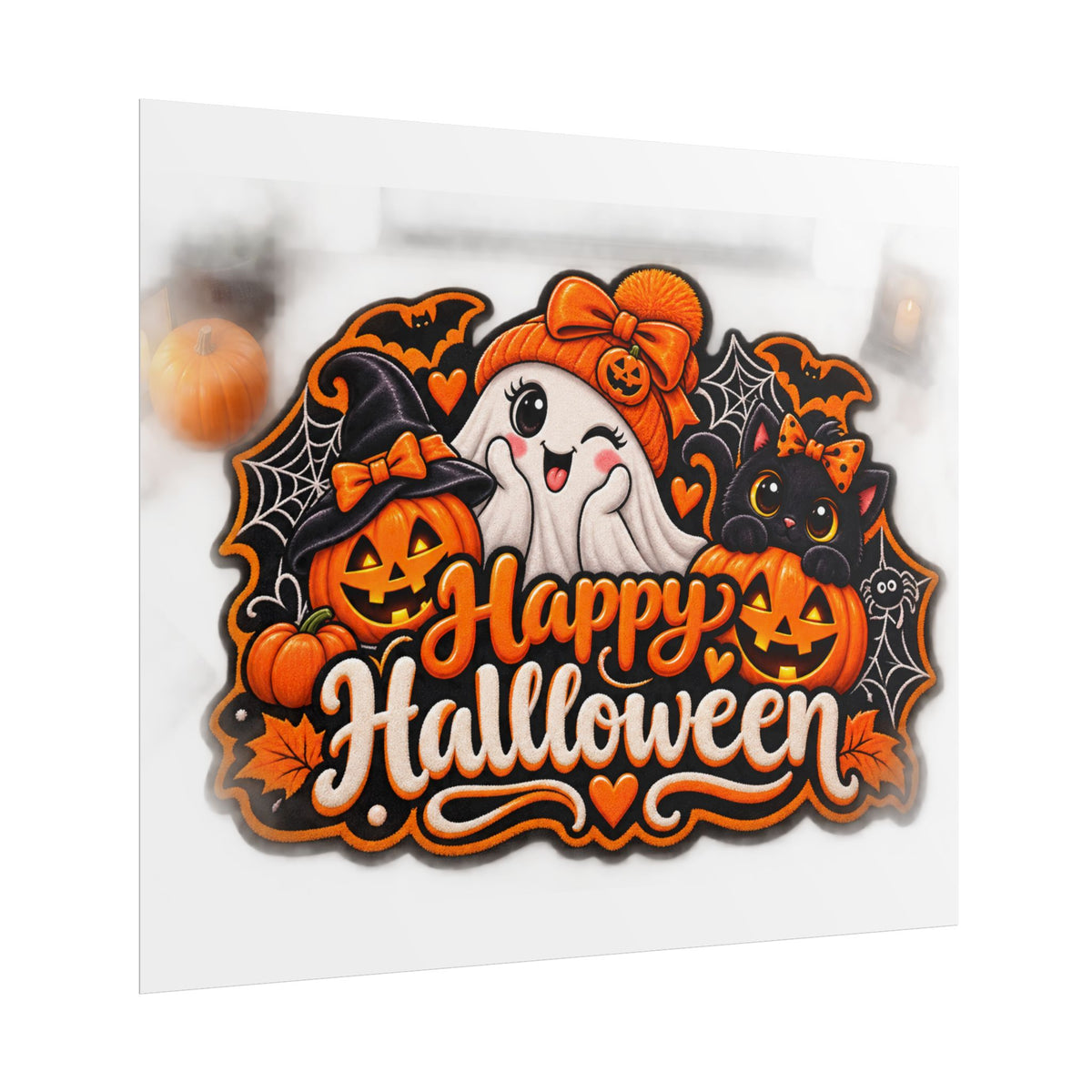 Happy Halloween Rolled Poster — Cute Ghost, Pumpkins & Black Cat Halloween Wall Art