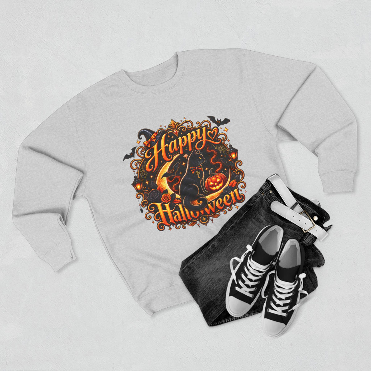 Happy Halloween Crewneck Sweatshirt — Festive Pumpkin & Witch Hat Holiday Sweater