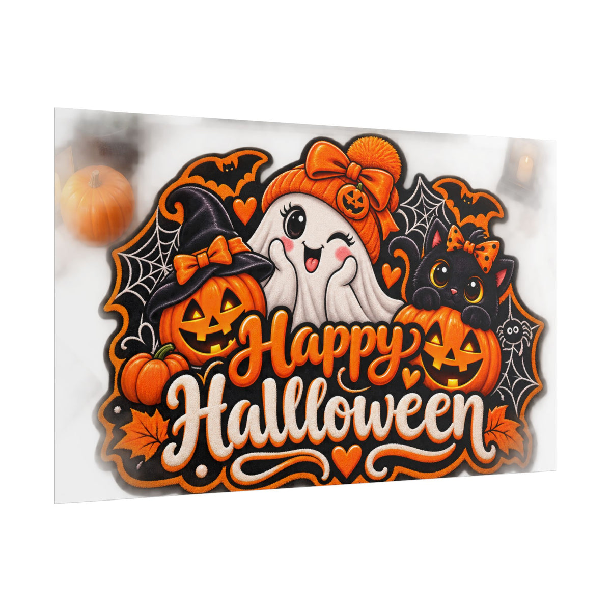 Happy Halloween Rolled Poster — Cute Ghost, Pumpkins & Black Cat Halloween Wall Art