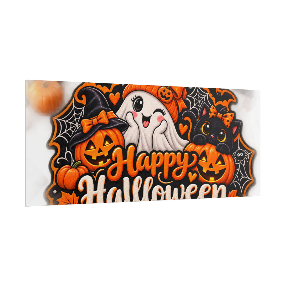 Happy Halloween Rolled Poster — Cute Ghost, Pumpkins & Black Cat Halloween Wall Art