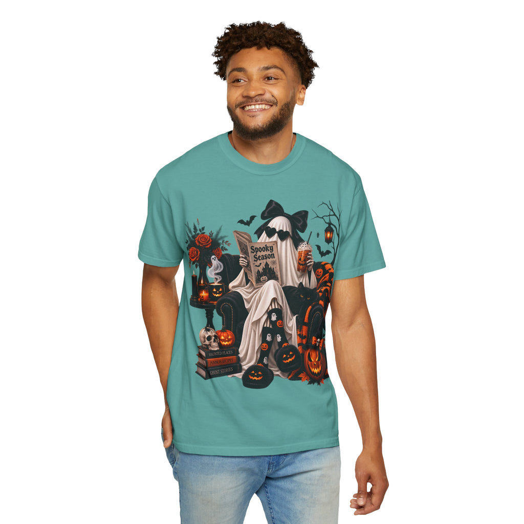 Halloween Ghost Reading T-Shirt — Spooky Pumpkin & 'Spooky Season' Graphic