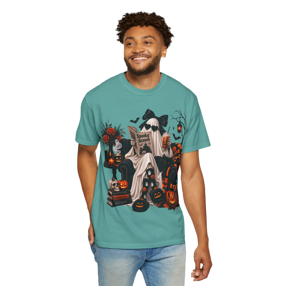 Halloween Ghost Reading T-Shirt — Spooky Pumpkin & 'Spooky Season' Graphic