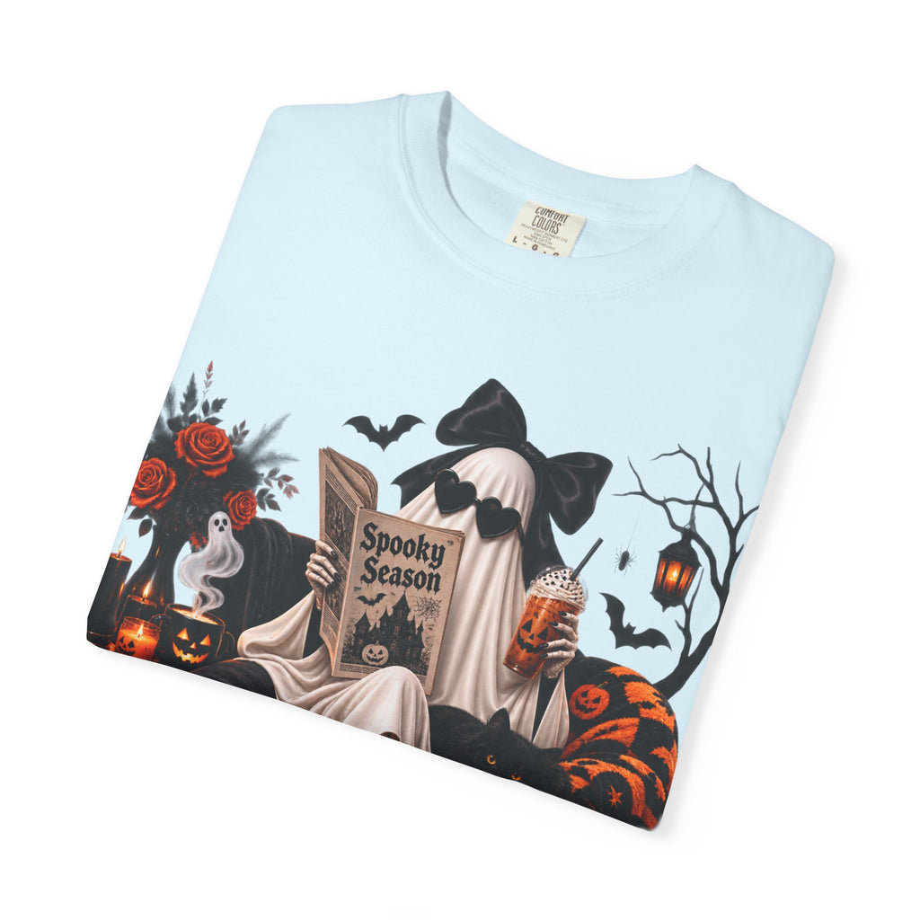 Halloween Ghost Reading T-Shirt — Spooky Pumpkin & 'Spooky Season' Graphic