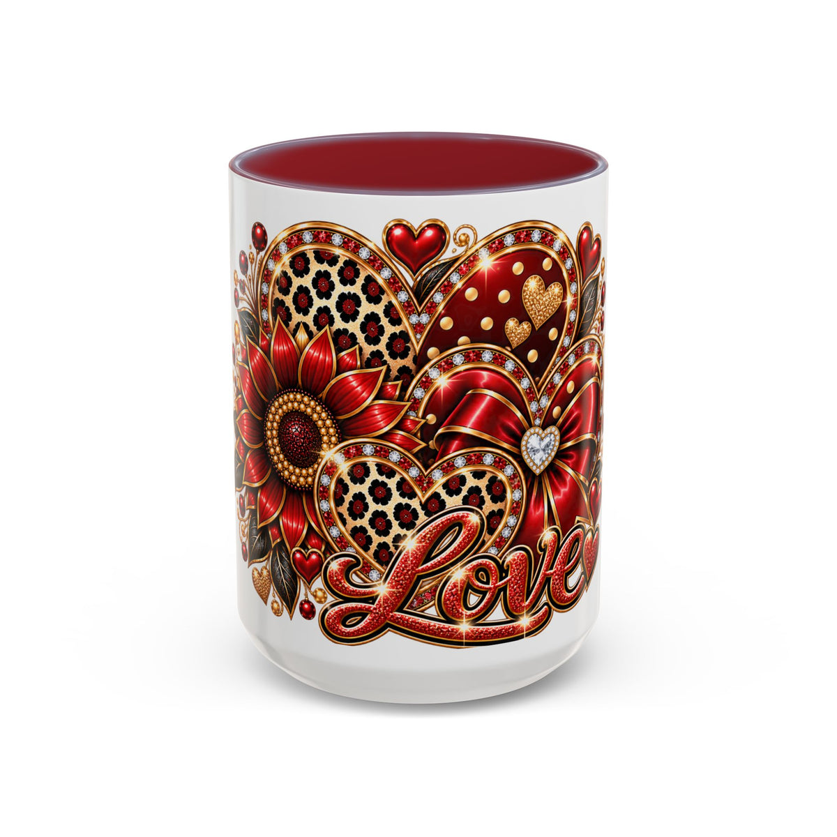 Love Heart Accent Coffee Mug — Red Leopard Floral Valentine Gift (11/15 oz)