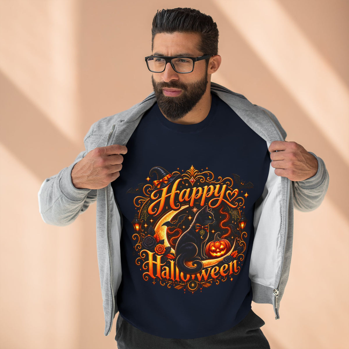 Happy Halloween Crewneck Sweatshirt — Festive Pumpkin & Witch Hat Holiday Sweater