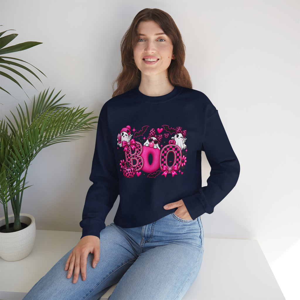 Halloween 'Boo' Graphic Sweatshirt — Cute Pink Ghosts & Bats Cozy Pullover