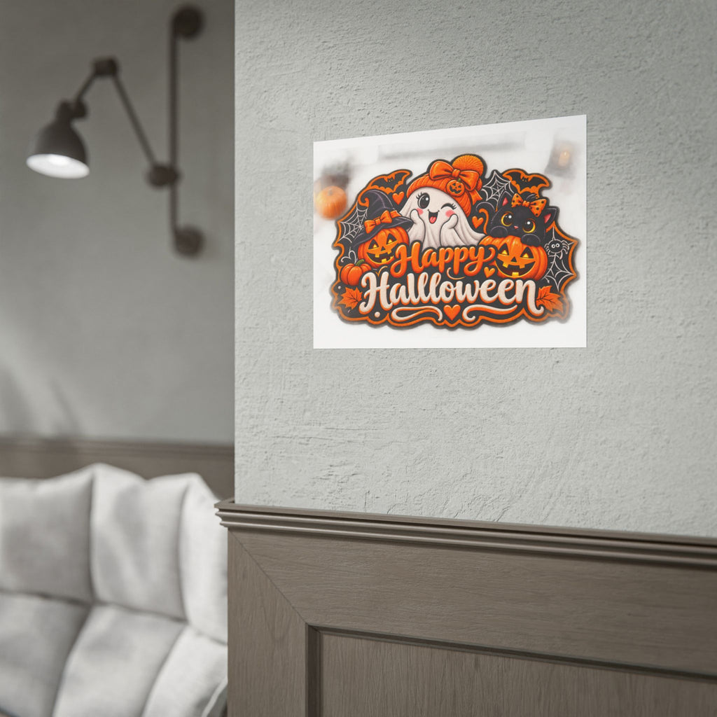 Happy Halloween Rolled Poster — Cute Ghost, Pumpkins & Black Cat Halloween Wall Art