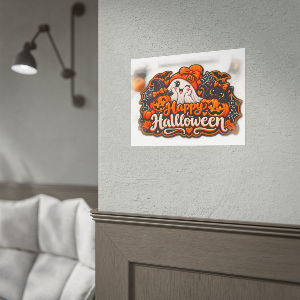 Happy Halloween Rolled Poster — Cute Ghost, Pumpkins & Black Cat Halloween Wall Art