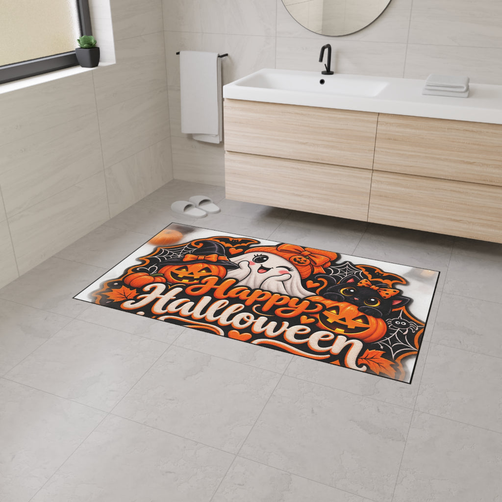 Halloween Doormat - Happy Halloween Cute Ghost & Black Cat Heavy Duty Floor Mat