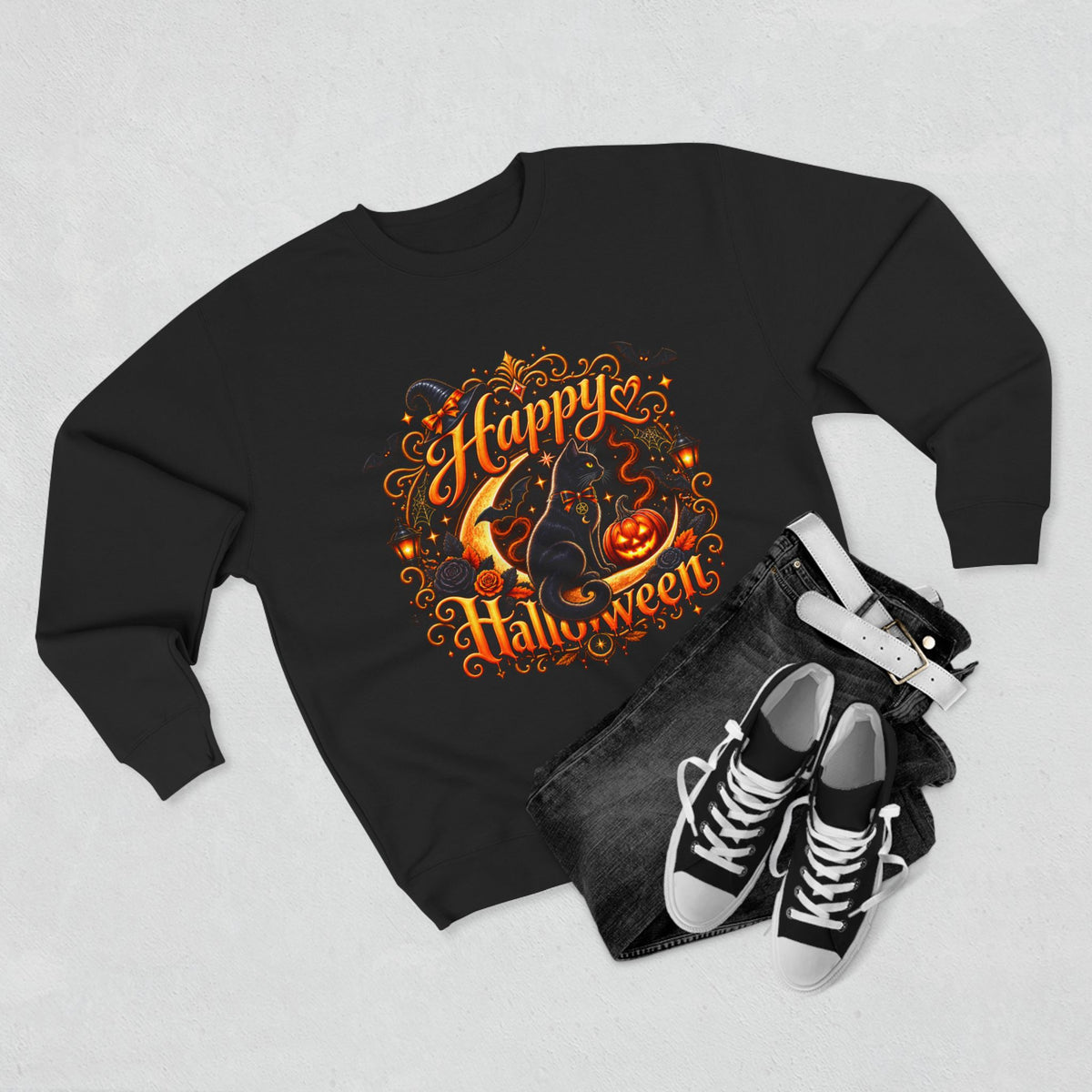 Happy Halloween Crewneck Sweatshirt — Festive Pumpkin & Witch Hat Holiday Sweater