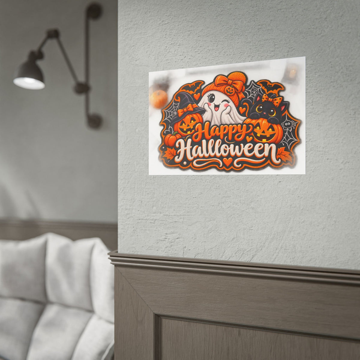 Happy Halloween Rolled Poster — Cute Ghost, Pumpkins & Black Cat Halloween Wall Art