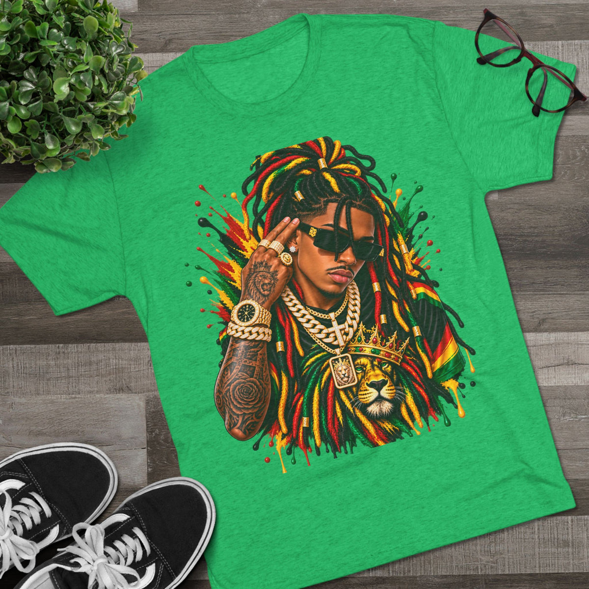 Rasta Lion Graphic T‑Shirt — Reggae Dreadlocks Hip‑Hop Streetwear
