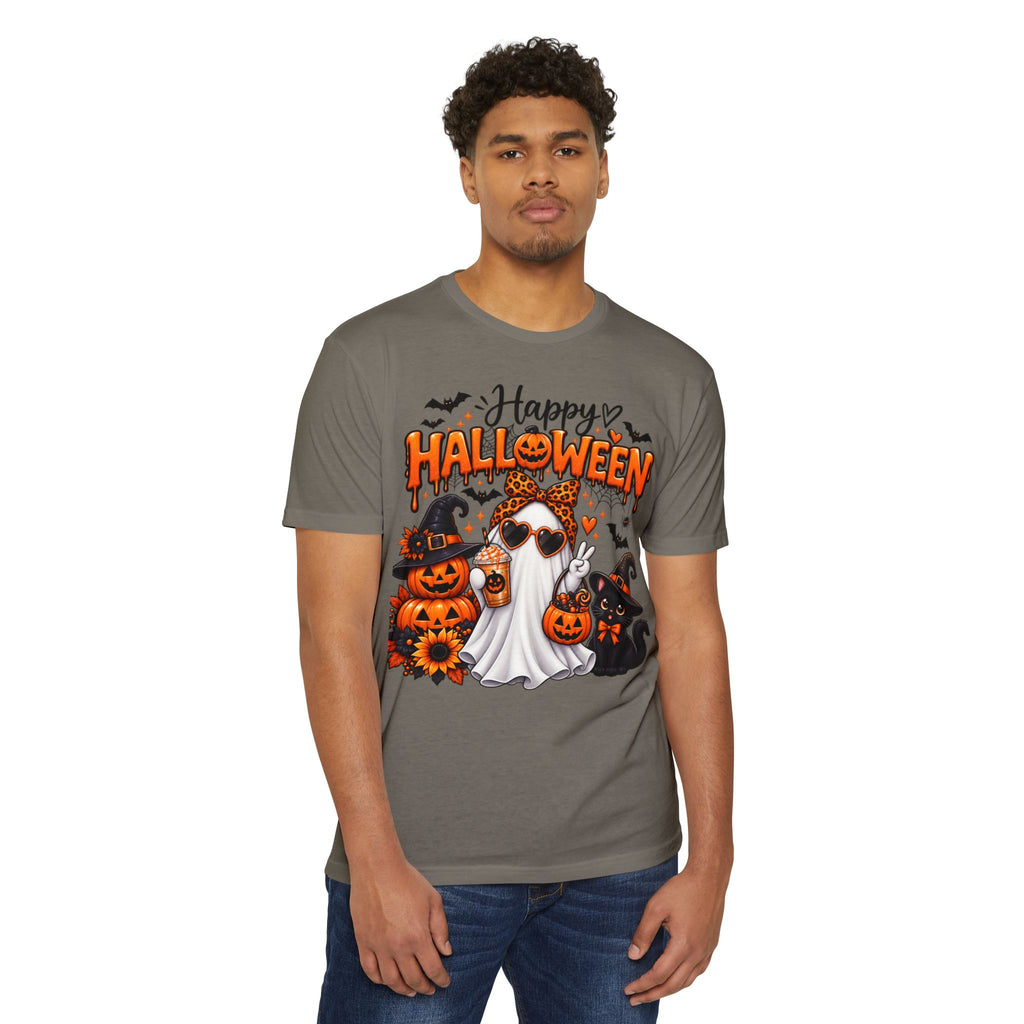 Halloween Ghost Tee - "Happy Halloween" Cute Pumpkin & Black Cat Graphic T-Shirt
