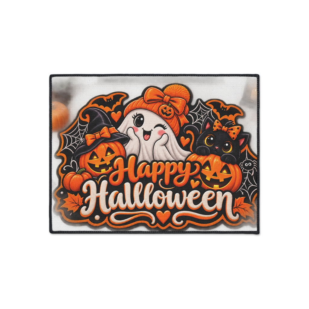 Halloween Doormat - Happy Halloween Cute Ghost & Black Cat Heavy Duty Floor Mat