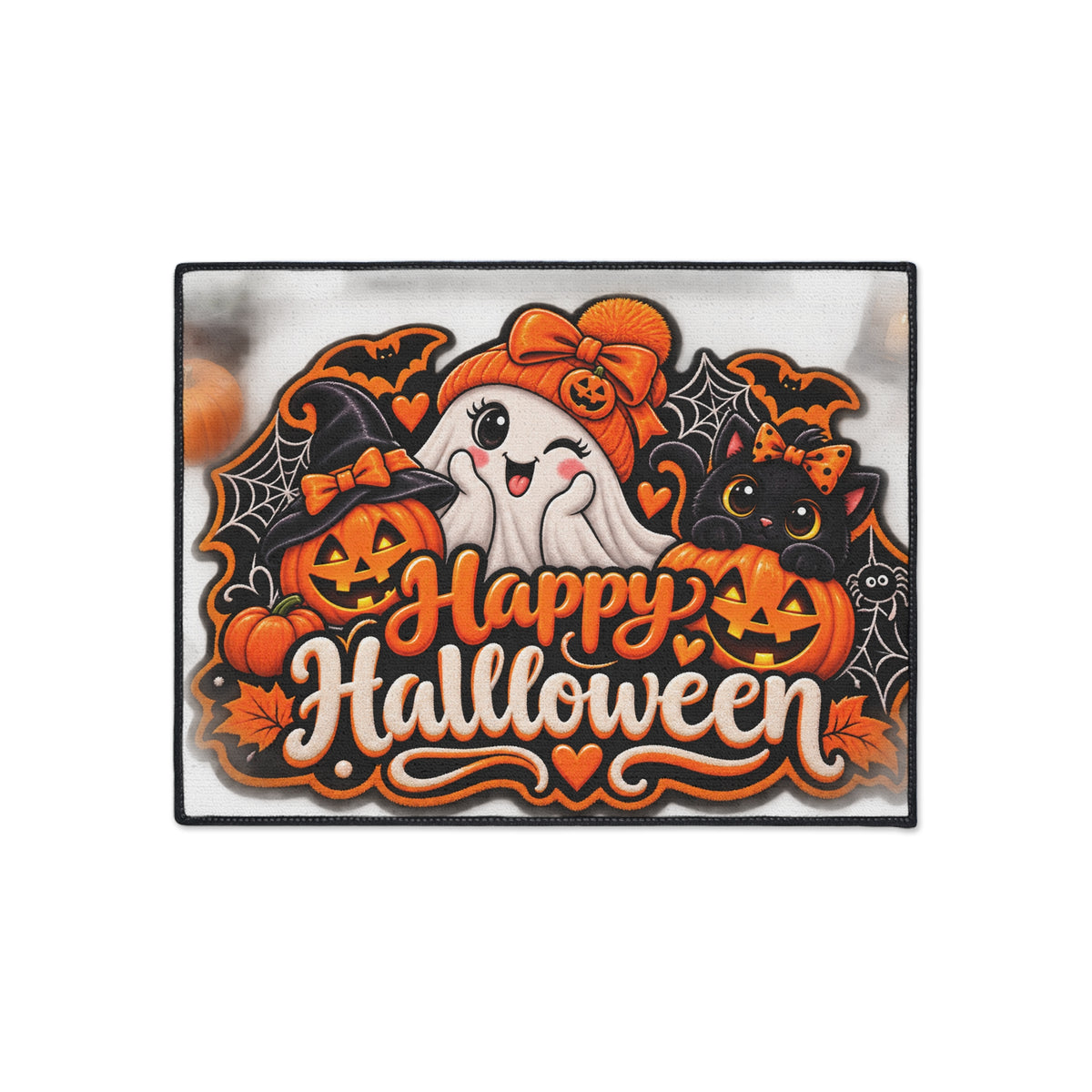 Halloween Doormat - Happy Halloween Cute Ghost & Black Cat Heavy Duty Floor Mat