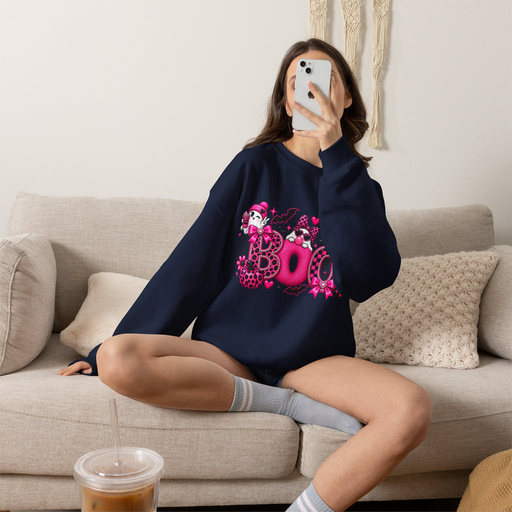 Halloween 'Boo' Graphic Sweatshirt — Cute Pink Ghosts & Bats Cozy Pullover
