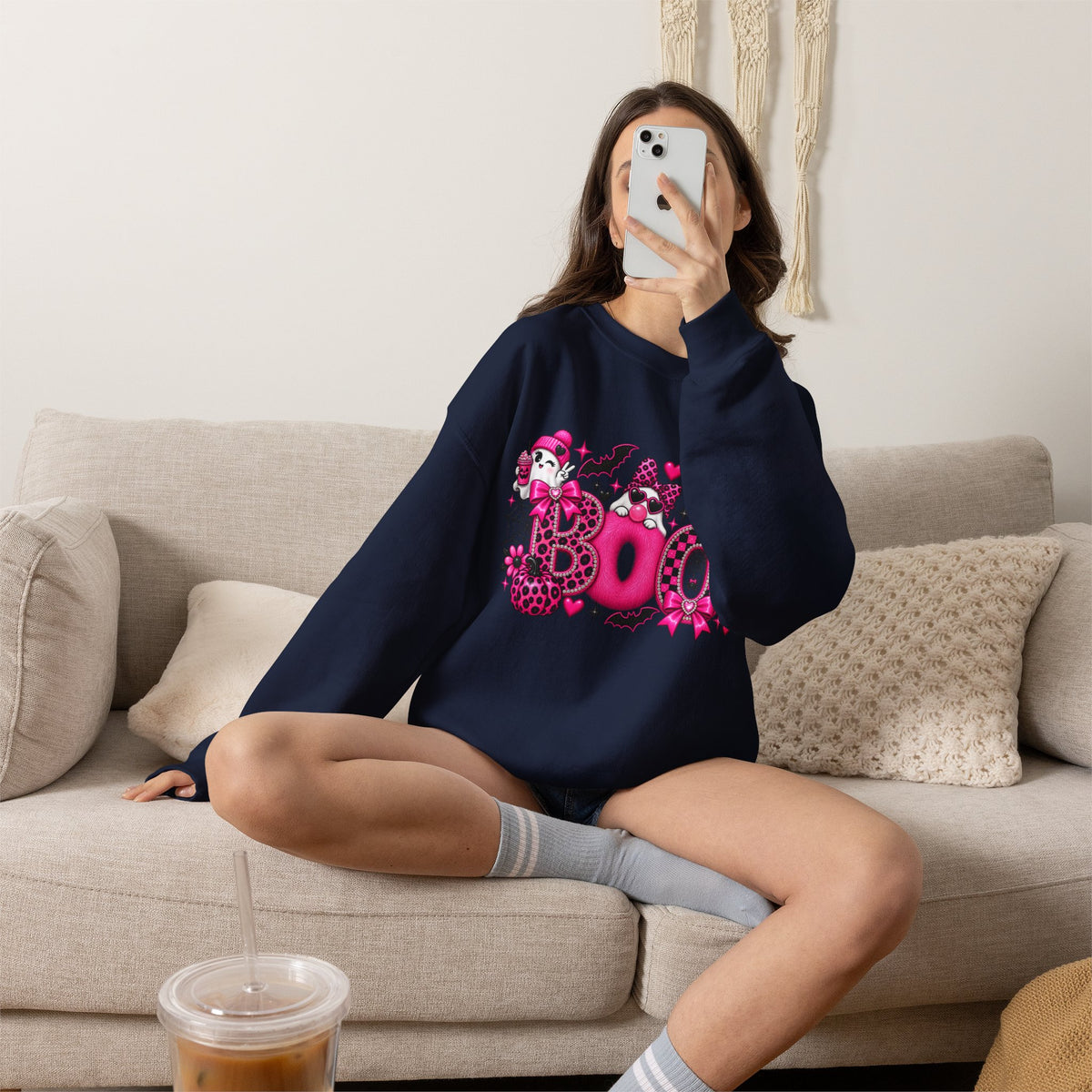 Halloween 'Boo' Graphic Sweatshirt — Cute Pink Ghosts & Bats Cozy Pullover