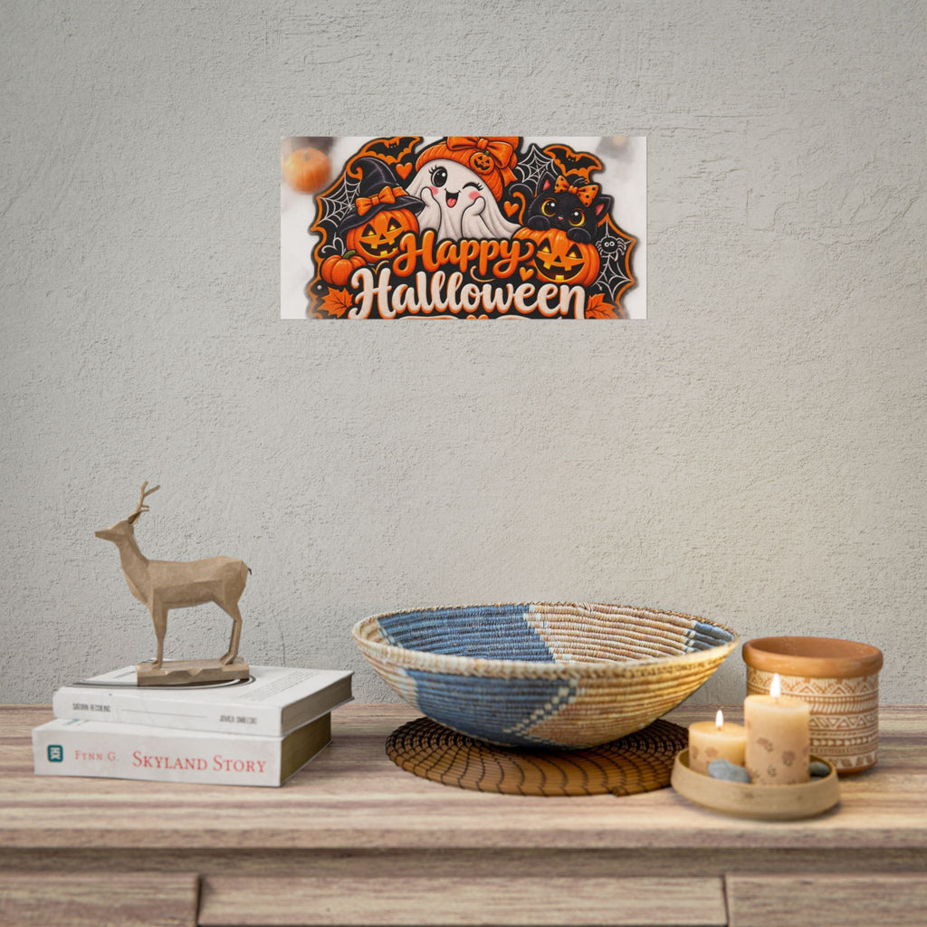 Happy Halloween Rolled Poster — Cute Ghost, Pumpkins & Black Cat Halloween Wall Art