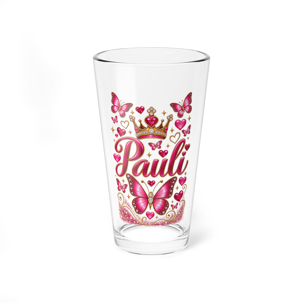 16oz Mixing Glass — Personalized 'Pauli' Pink Butterfly Crown Cocktail Shaker Glass