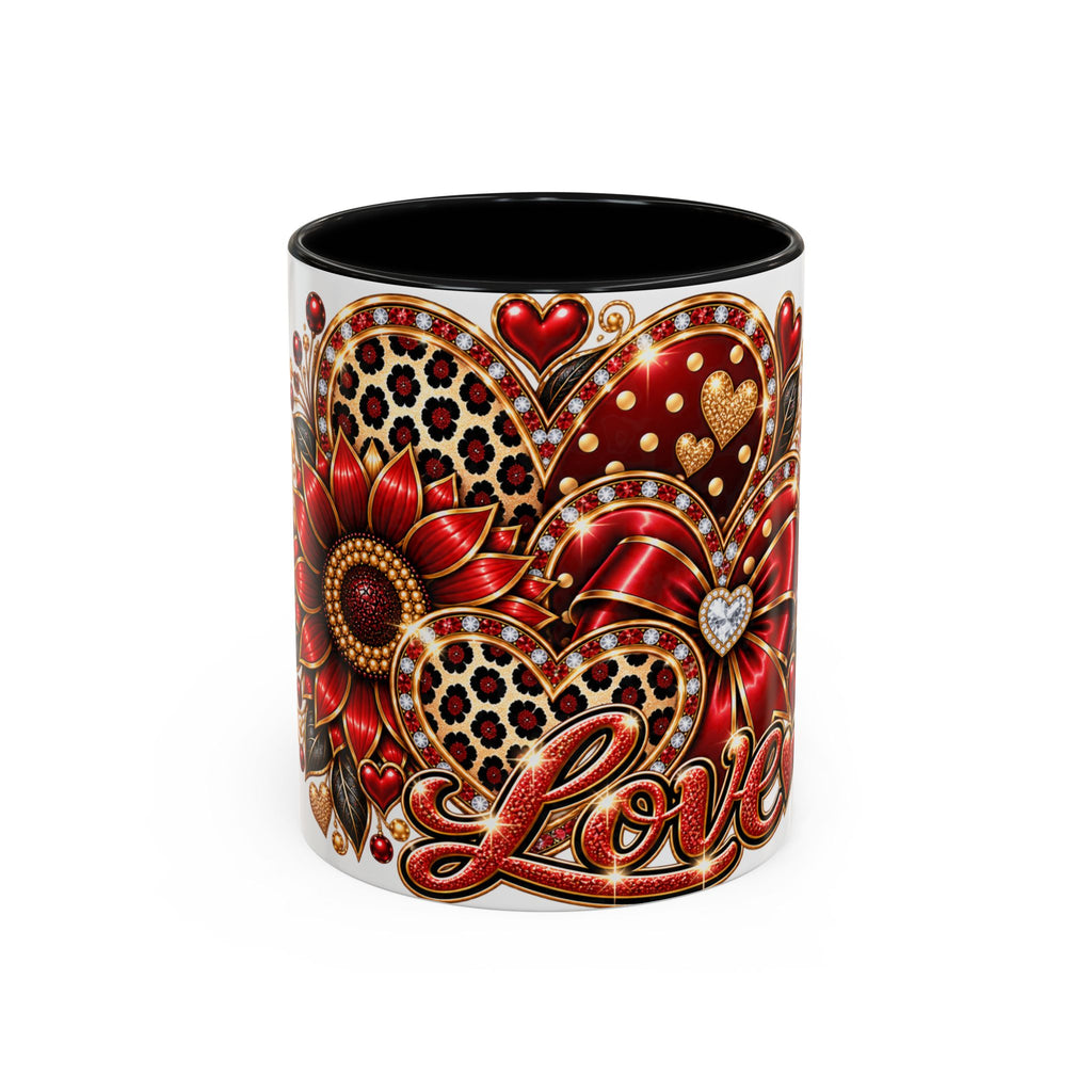 Love Heart Accent Coffee Mug — Red Leopard Floral Valentine Gift (11/15 oz)