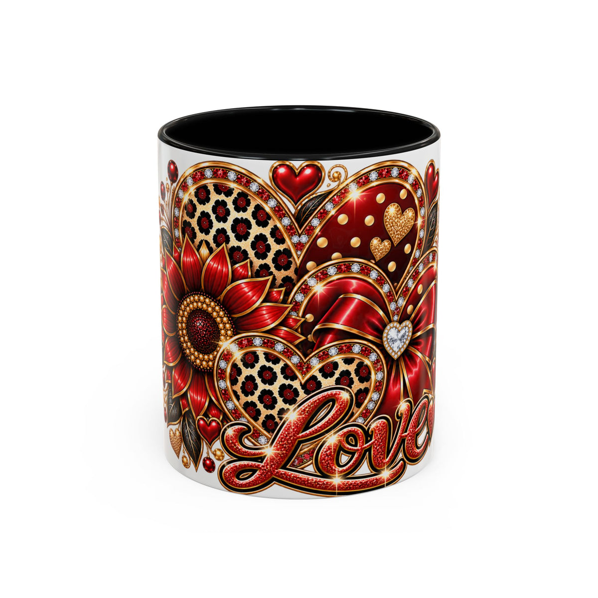 Love Heart Accent Coffee Mug — Red Leopard Floral Valentine Gift (11/15 oz)